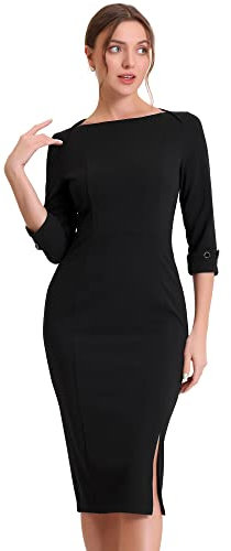 Allegra K Women's Elegant Boat Neck 3/4 Sleeves Midi Split Sheath Dress Black S