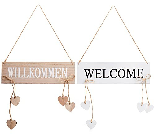 COM-FOUR® 2x colgadores de puerta Willkommen y Welcome con corazones colgantes - letreros de madera para puertas para colgar - colgadores para primavera, Pascua y verano (02 piezas - blanco)