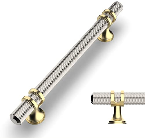 Amerdeco 10 Pack Knurled Brushed Satin Nickel Cabinet Pulls 5 Inch Hole Center Kitchen Cabinet Handles for Drawer Dresser, Cupboard and Wardrobe ZH0025…