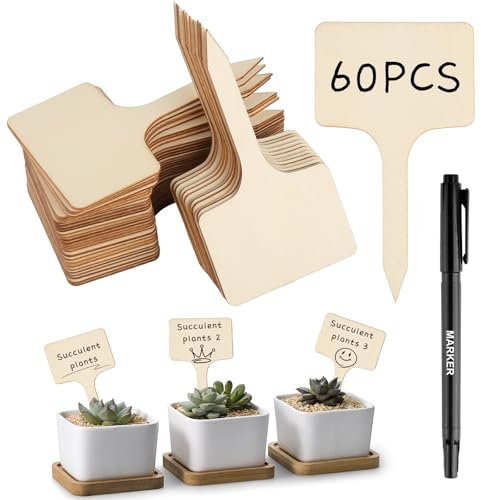 GHVACZS Lot de 60 étiquettes pour plantes avec 1 marqueur double face noir - Étiquettes en bois pour étiqueter les graines en pot, les herbes, les légumes fermiers