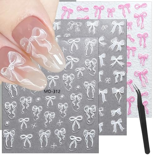 DAJIJIYOU 3sheets 5D Embossed Bow Nail Stickers for Nail Art Self-Adhesive Bow Nail Decals White Pink Bow Nail Art Stickers Design Cute Bow Nail Art Supplies for Women Girls