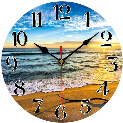 TAHEAT Wall Clock, Small 8 Inch Sea and Beach Clock, Silent Non Ticking Decorative Wall Clocks for Bathroom Living Room Kitchen Bedroom