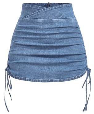 GORGLITTER Women's Ruched Bodycon Mini Denim Skirts Wrap High Waisted Drawstring Jeans Skirt Light Wash Large