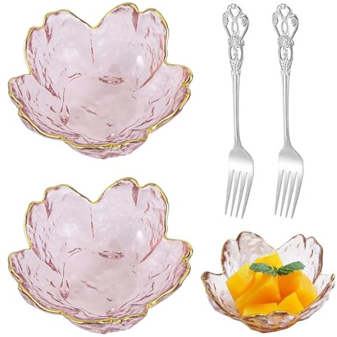 HXSYKJDM Pink Sakura Dip Bowls Set, 2Pcs Small Pink Sakura Sauce Dishes with Silver Tea Fork, Trinket Dish Glass Dip Bowls for Condiments Appetizer