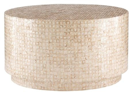 MAKLAINE Round Coffee Table, 30 in Gold and Ivory Capiz Shell Mosaic Finish, MDF Construction, Modern Accent Table, Fully Assembled, Stylish Centerpiece for Living Room or Office Decor
