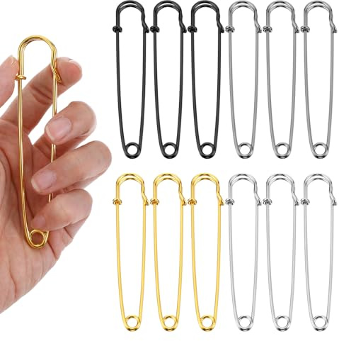Nogeqi 12 Pack Large Safety Pins 4 Heavy Duty Black Safety Pins for Thick Fabric for Clothes Crafts Blankets Leather Canvas Wool Shawls Kilts