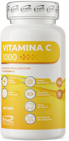 Vitamina C 1000 EthicSport – Integratore Vitamina C 1000 mg (1250% NRV) in capsule vegetali – Difese naturali, antiossidante, stanchezza, pelle e collagene – 120 capsule