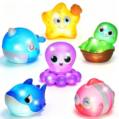 Light Up Bath Toys for 1 2 3 Year Old, Baby Ocean Water Toys for 6-12-18 Months with Flashing LED Lights, Baby Shower Birthday Gifts for Bathtub Toddler Kids Toys Age 1-3 (6 Pack)