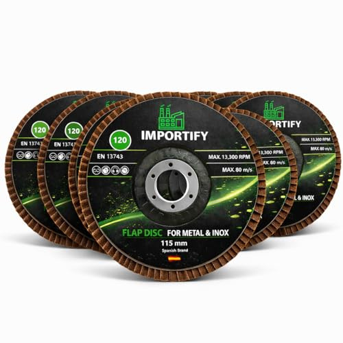 IMPORTIFY Discos de Láminas Abrasivos Profesionales para Amoladora Angular – Pack 10 – Óxido de Aluminio – Desbaste y Acabado en Metal e Inox – 115 mm (Grano: 120)