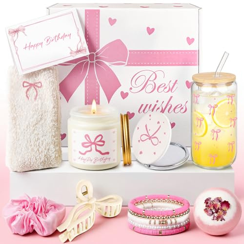 Birthday Pamper Gifts for Girls Teens, Exquisite Pink Bow Birthday Presents Gift Box for Women, Happy Birthdays Hampers Relaxation Self Care Package for Her, Unique Sets Gift Ideas