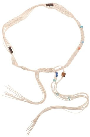 KESYOO Ceinture en corde de coton tissée à la main pour femme avec pompons et perles, couleur naturelle, style bohème décontracté, ceinture tressée pour robes, jupes et tuniques d'été