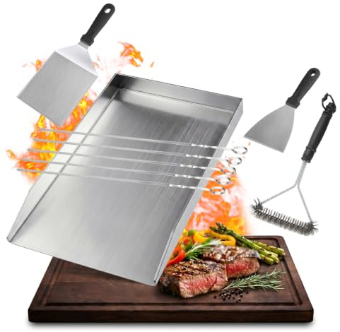 SMOOL 30 x 20 cm grillplatta rostfritt stål, plancha grillplatta för gasgrill, | Kolgrill & elektrisk grill, grillplatta set med grillspatel, spett och grillrengöringsborste, för camping och fester