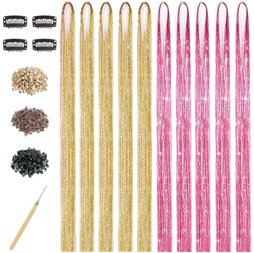 Hair Tinsel Kit for Girls, 10 Pcs 4200 Strands Fairy Tinsel Hair Extensions Holographic Hair Tinsel Heat Resistant Colored Hair Glitter Christmas Party Festival (Gold+Pink)