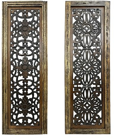 TUP THE URBAN PORT Floral Hand Carved Wooden Wall Panels, Assortment of Two, Rustic Brown
