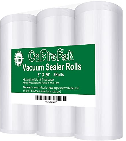 O2frepak 3 Pack 8x20' Rolls Vacuum Sealer Bags Rolls with BPA Free,Heavy Duty Vacuum Sealer Storage Bags Rolls,Cut to Size Roll,Great for Sous Vide (Total 60 feet)