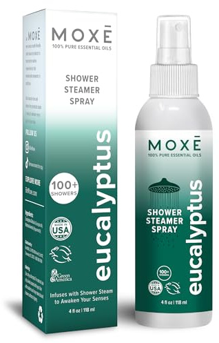MOXĒ Eucalyptus Oil Shower Mist, Spa Steam Spray, Certified Natural 100% Essential Oils, Made in USA, Aromatherapy, Sinus Congestion Relief, Tension Relief, 4 Ounces