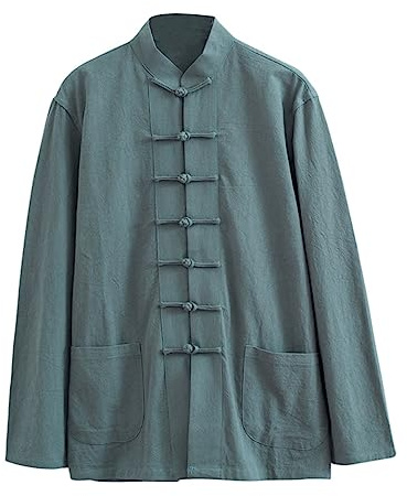 ZHOUXIAO Giacca di Arti Marziali Vintage Allentato Kung Fu Marziali, Tai Chi Uni Uniforme Uomo Cinese Tradizionale Lino di Cotone Ala Vestiti Chun, Manica Lunga Manica Vestit green-3XL