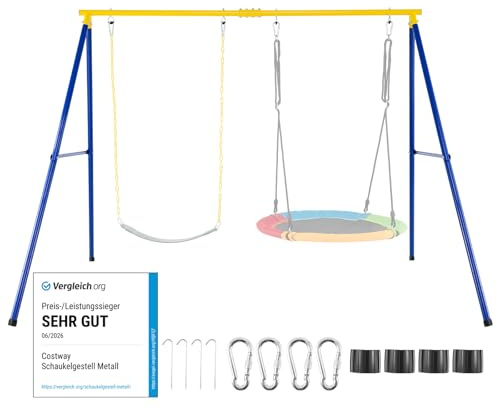 COSTWAY Supporto per Altalena Bambini, Base da Altalena per Bambini in Metallo, Strattura per Altalena da Giardino, Portata 300 kg (Giallo+Blu, Supporto)