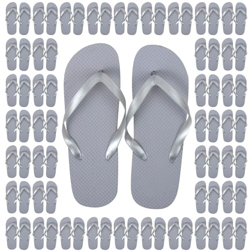 Trail maker 50 Pairs Bulk Flip Flops for Women Wedding Guests, Bnb Guests, Hotels, Pedicure Parties, and Charity Donation (Silver)