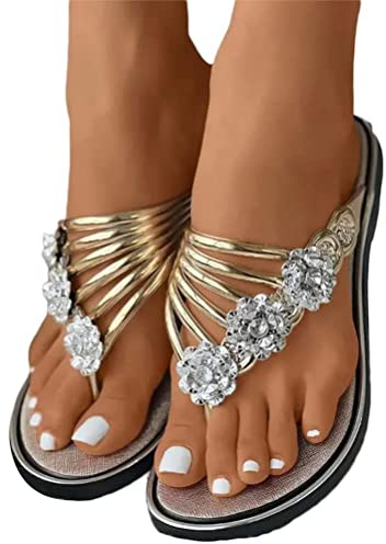 seiveini Sandales Plates pour Femmes Sandales Strass Boho Sandales d'été Femme Tong Sandales Chaussures de Plage Pantoufles à Bout Ouvert Confortables Flip Flop Pas Cher