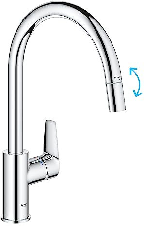 GROHE Start Edge QuickFix - 1 Lever Kitchen Sink Mixer Tap with Pull-Out Function (High C-spout, 360° Swivel Area, 28 mm Ceramic Cartridge, Tails 3/8 Inch, High Pressure), Size 357mm, Chrome, 30551000