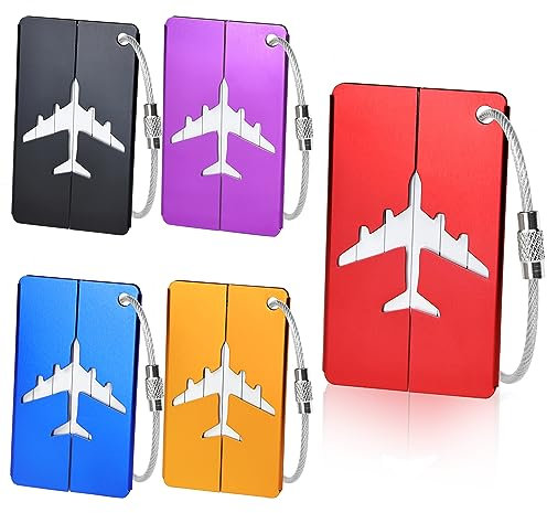 5 Stück Kofferanhänger mit Adressschild, Aluminium Adressanhänger Koffer mit Edelstahldrahtschlaufe und Wasserdichtem PVC Namensschild für Reisetaschen, Koffer, Rucksäcke (7,5 x 4,5 cm, 5 Farben)