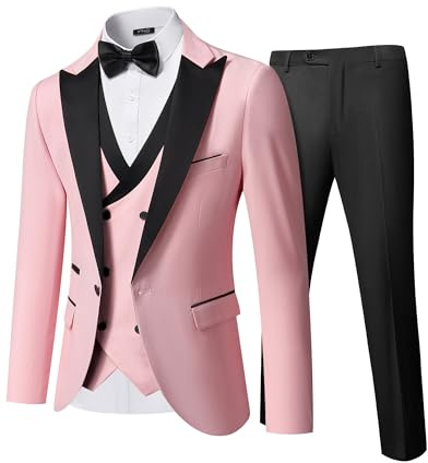 YND Men's 3 Piece Slim Fit Wedding Tuxedo Set, Peak Lapel One Button Suit Jacket, Double Breasted Vest Pants with Bow Tie, Light Pink