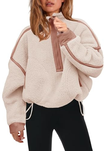 Panadila Womens Half Zip Sherpa Fleece Pullover Soft Oversized Sweatshirt with Pockets Warm Fuzzy Sweater (Beige,S)