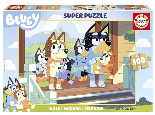 Educa - 100 Bluey träpussel, miljövänligt set | Omtyckt australisk karaktär | Lärleksak | Monterat 36x26 cm (19967)