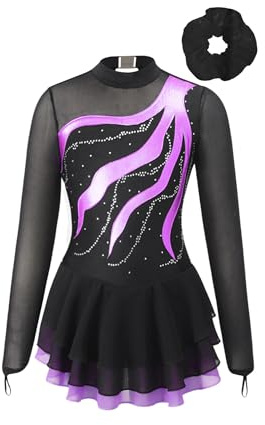 TiaoBug Maillot De Patinaje Artístico para Niñas Vestido De Manga Larga con Falda Tul Maillot De Danza Clásico Leotardo Gimnasia Rítmica Traje De Baile F Morado 7-8 años