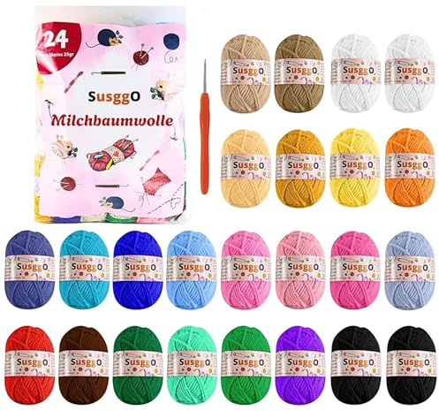 SusggO Pack 24 Ovillos Lanas para Crochet Ganchillo Algodon de Leche Lanas para Tejer Punto a mano DIY Madejas Hilo para Tejer Ovillo Lana Colores surtidos Aguja de Ganchillo