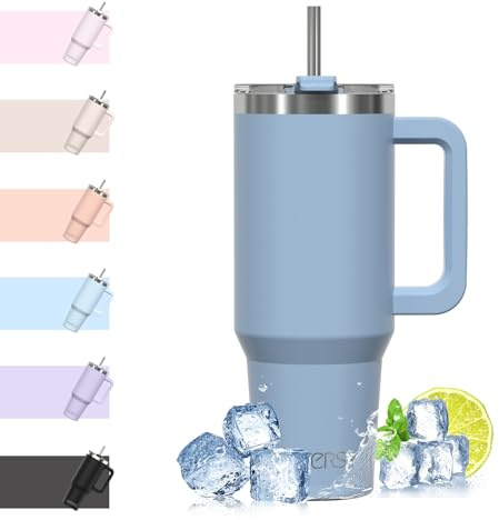WATERSY 40oz Kaffeebecher to Go Thermobecher Doppelwandiger Edelstahl Vakuum Auslaufsicher Trinkbecher mit Griff und Strohhalm, Tragbare Autobecher Thermal Tumbler Smogblau für Kalte Heiße Getränke