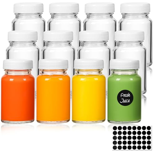 Solvant Mini glasflaskor med lock, 12 shotflaskor för att fylla 60 ml, små glasflaskor, små spritflaskor, miniflaskor med etiketter, för eteriska oljor, ingefäraskott, whisky
