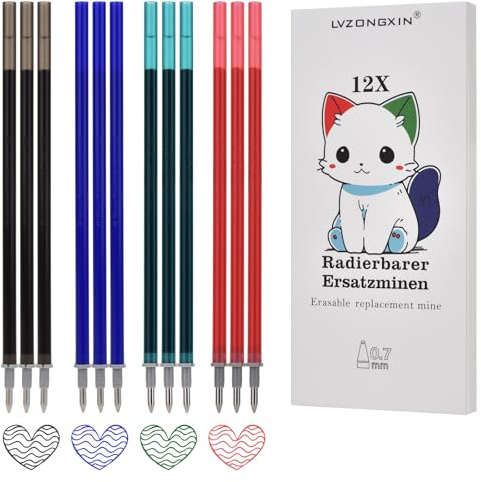12 Pezzi Ricariche Cancellabili Compatibili con Legami (3 Verde, 3 Rosso, 3 Blu, 3 Nero) punta della penna 0,7 mm, facili da cancellare, per la scuola e la vita di tutti i giorni, altezza 13 cm