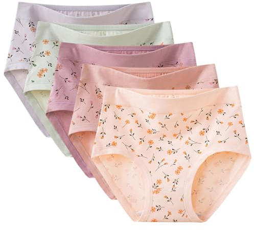 Rainjia Donna Mutande Cotone Vita Alta Fiori Slip Respiranti Copertura Completa Comode Taglia Grande Pacchetto di 5 - Biancheria Intima per Anziani