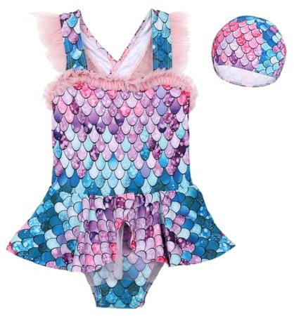 Bañador Natacion Niña, Traje de Baño Una Pieza para niñas con Gorro de baño, Bañador Niña para Piscina/Playa, Traje de Baño Infantil Sirena, Niñas Verano Natación Trajes de Baño para Fiesta natación