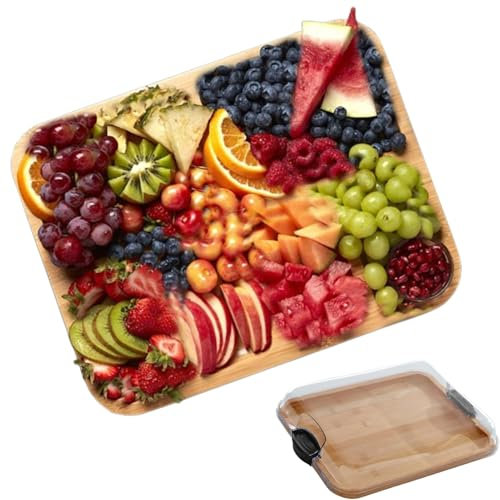 Plateau en bois, avec couvercle à fermeture transparent et poignée noire, plateau en bois, plateau à fromage, réutilisable, boîte de conservation pour aliments préparés, collations (sans compartiment)