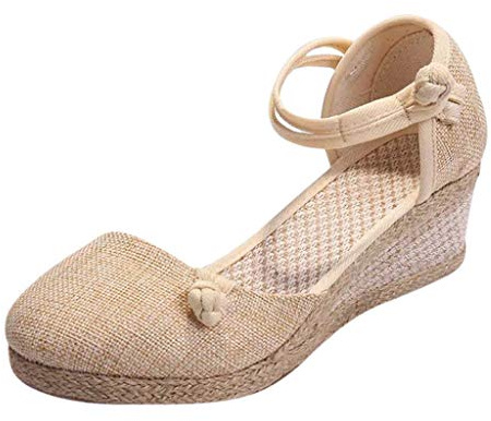 Sandaletter, damsandaler, espadriller, med klack, beige, platå, kilsandaler, med stängda kilklack, sommarskor, linne, strandskor, fritid, kilsandaletter, sommarskor, Beige, 35 EU