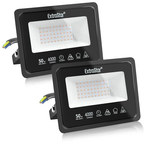 EXTRASTAR Focos LED Exterior 50W, 4000Lm, Luces LED Exterior Impermeable IP65, Luz Cálida 3000K, para Terraza, Jardín, Patio, Parque, Garaje,Pasillo 2 Pcs