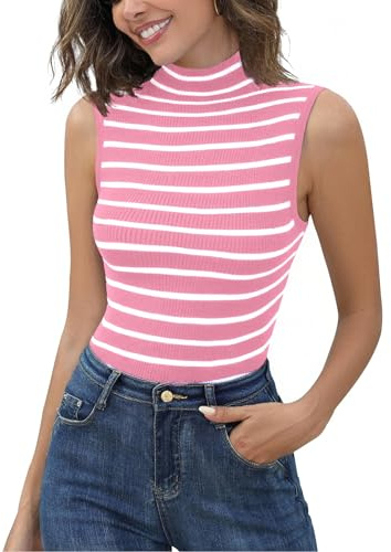 Aottori Camiseta sin Mangas Mujer Jersey Cuello Alto Punto Acanalado Suéter Top de Rayas Elegante Elástica Ajustado Básico Pullover Casual #Rosa S