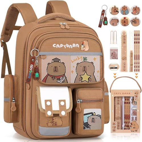 Dujuanus Mochila Capibara, Mochila Capibara Niña, Mochilas Escolares Adolescentes, Set de Regalos para el Nuevo Semestre con Pines, Llaveros y Artículos de Papelería