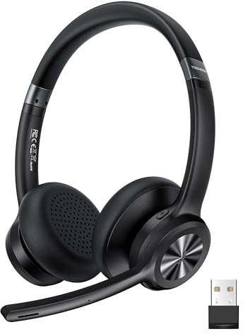 TechRise V5.2 Auriculares Inalámbricos Bluetooth Diadema con Micrófono, Cascos Cancelación de Ruido con Tecla de Silencio, Auriculares On Ear Recargables para Callcenter/Oficina - Negro
