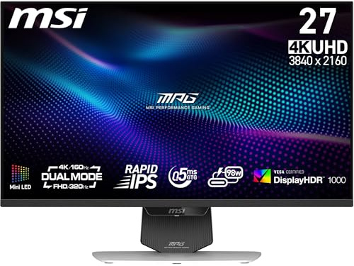 MSI MPG 274URDFW E16M Gaming Monitor 27 Zoll 4K UHD - Rapid IPS Panel 3840 x 2160, 0,5 ms, DisplayHDR 1000, Mini-LED, Dual-Mode, HDMI 2.1, DP 1.4a, USB C (PD 98W), Höhen/Neigungseinstellung, Weiß