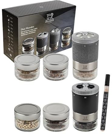 PEUGEOT - Duo de Moulin à Poivre + Moulin à Sel Maestro - Avec Fioles Interchangeables - 3 Types de Poivre & 3 Types de Sel Inclus - Mécanisme Zirlion - Fabrication Française - Bois PEFC Noir & Inox