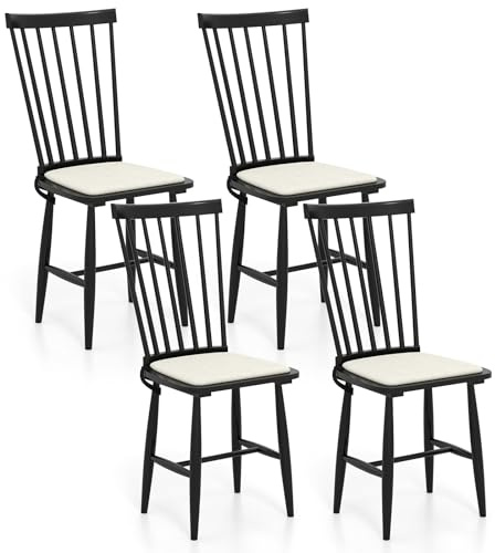 Giantex Windsor Dining Chairs Set of 4, Farmhouse Wooden Kitchen Chair w/Spindle Back & Removable Seat Cushion, Mid-Century Side Chairs for Kitchen, Dining Room, Restaurant, Black