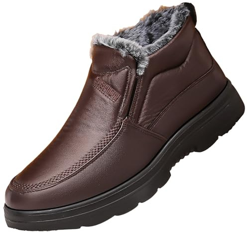 Botines de piel para hombre con forro cálido, zapatos de invierno, antideslizantes, térmicos, impermeables, cómodos, botas de tobillo gruesas, botas de nieve para temporada de nieve, café, 47 EU