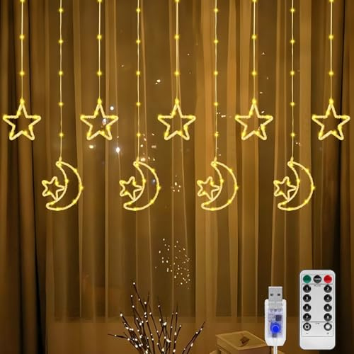 HIAME Ramadan Curtain String Lights, 135 LED 3M Star Moon Curtain Fairy Lights with 8 Flashing Modes, Remote Control & Waterproof, Ramadan Decorations Lights for Home Window,Bedroom,Party