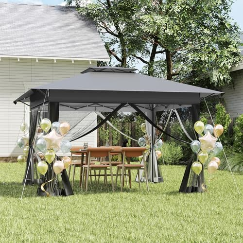 YUENFONG Pop Up hopfällbar paviljong 4 x 4 m, vikbar paviljong 3 nivåer justerbar höjd trädgårdstält med 4 myggnät, sidodelar, metallram paviljong, dubbeltak, festtält inkl. bärväska, antracit
