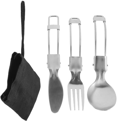 GLEAVI Ensemble 3 Pièces Couverts Pliables Camping Acier Inoxydable avec Fourchette, Cuillère et Couteau, Léger, Solide, Pochette Compacte, Réutilisable, pour Adultes et Garçon et