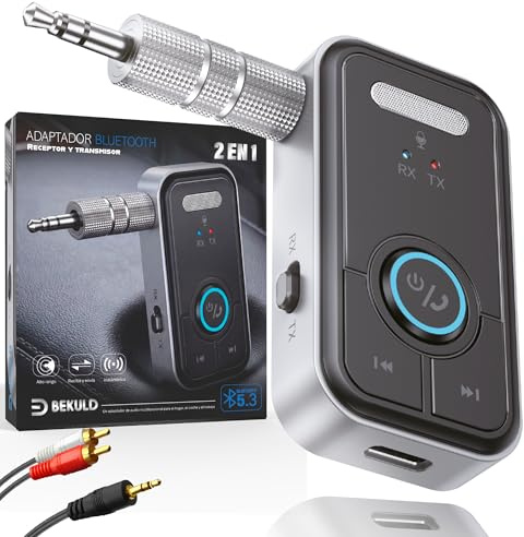 BEKULD® Super Pack Receptor Bluetooth y Transmisor Bluetooth 5.3 Jack 3.5 + RCA | Adaptador Bluetooth Coche AUX y TV | Manos Libres Coche Bluetooth HD, Baja latencia, batería 12h